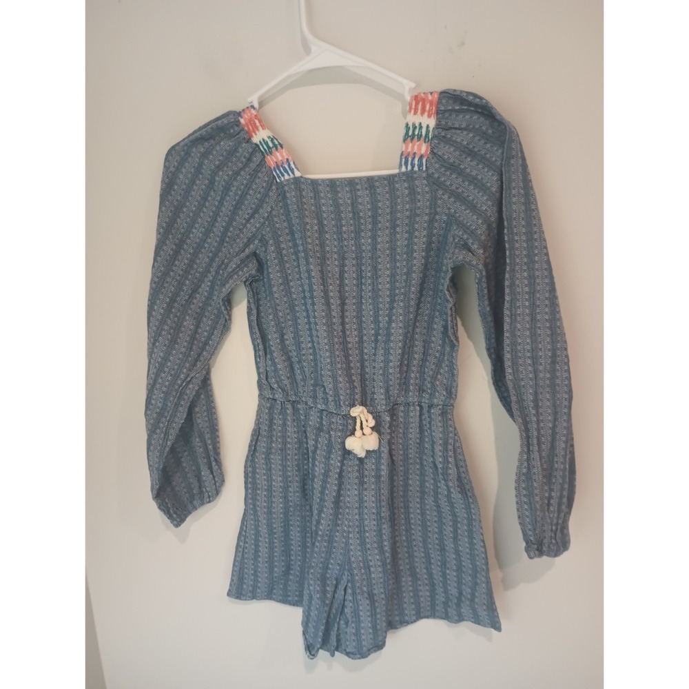 Art Class Girls Medium 7/8 Romper Blue Long Sleeve Embroidered Shoulder Tassel